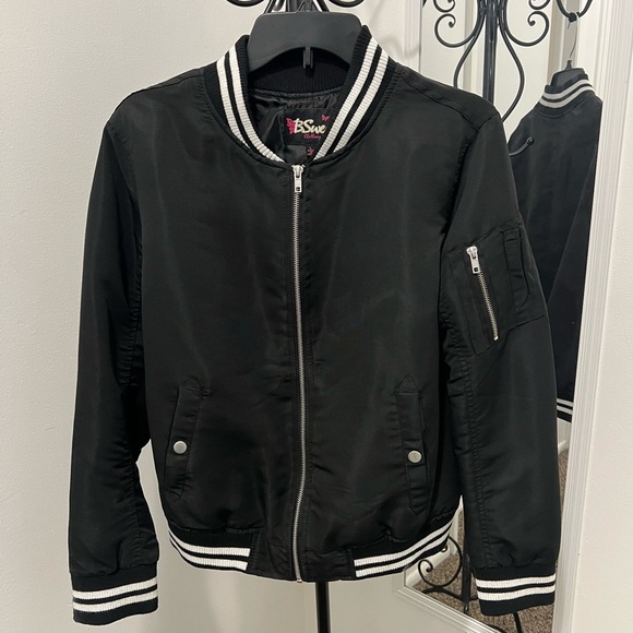 Black and White Bomber Jacket with Striped Collar and Silver Zipper.  #004 - Picture 3 of 7